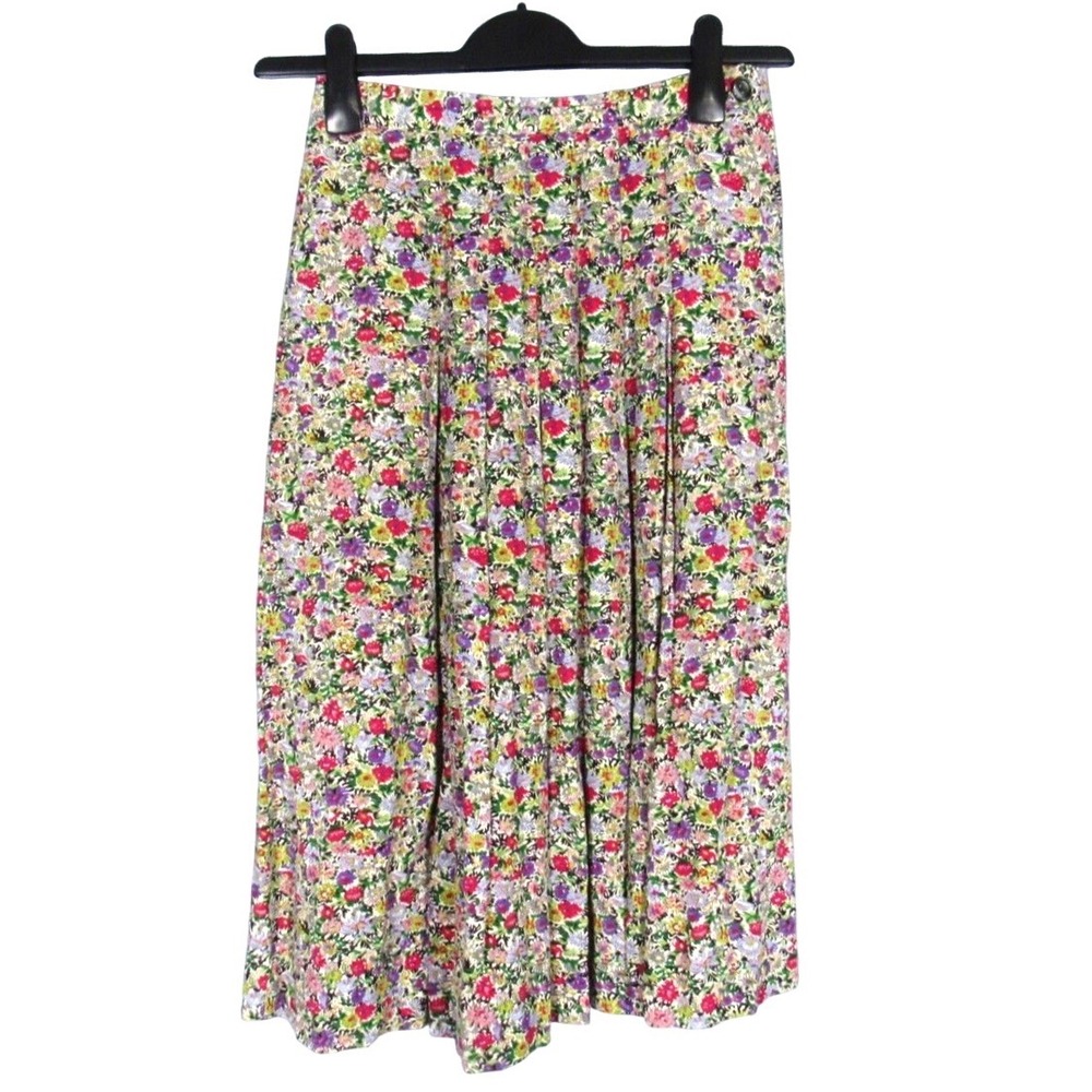 VTG LIZ CLAIBORNE Floral Rayon Twill Pockets PLEATED A-Line Skirt 4P 25"Waist XS